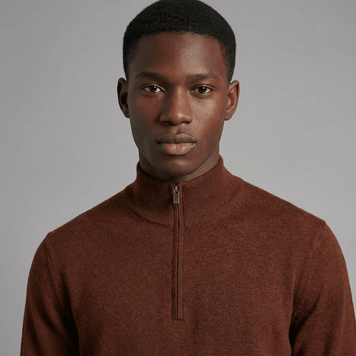 Merino Wool Quarter-Zip Sweater in rust merino wool, alternate product view showing product details