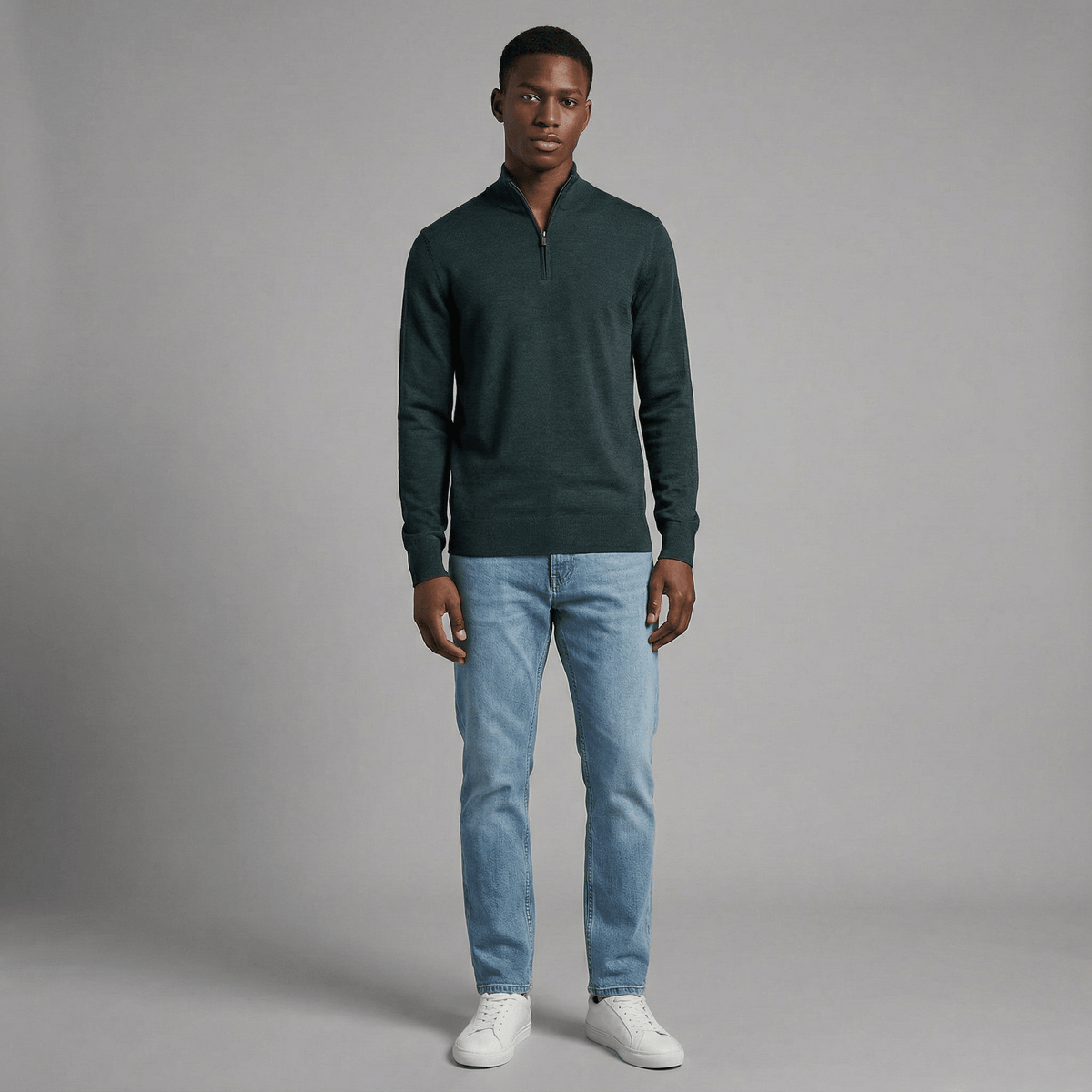 Merino Wool Quarter-Zip Sweater in charcoal merino wool, fit and styling view showing product details