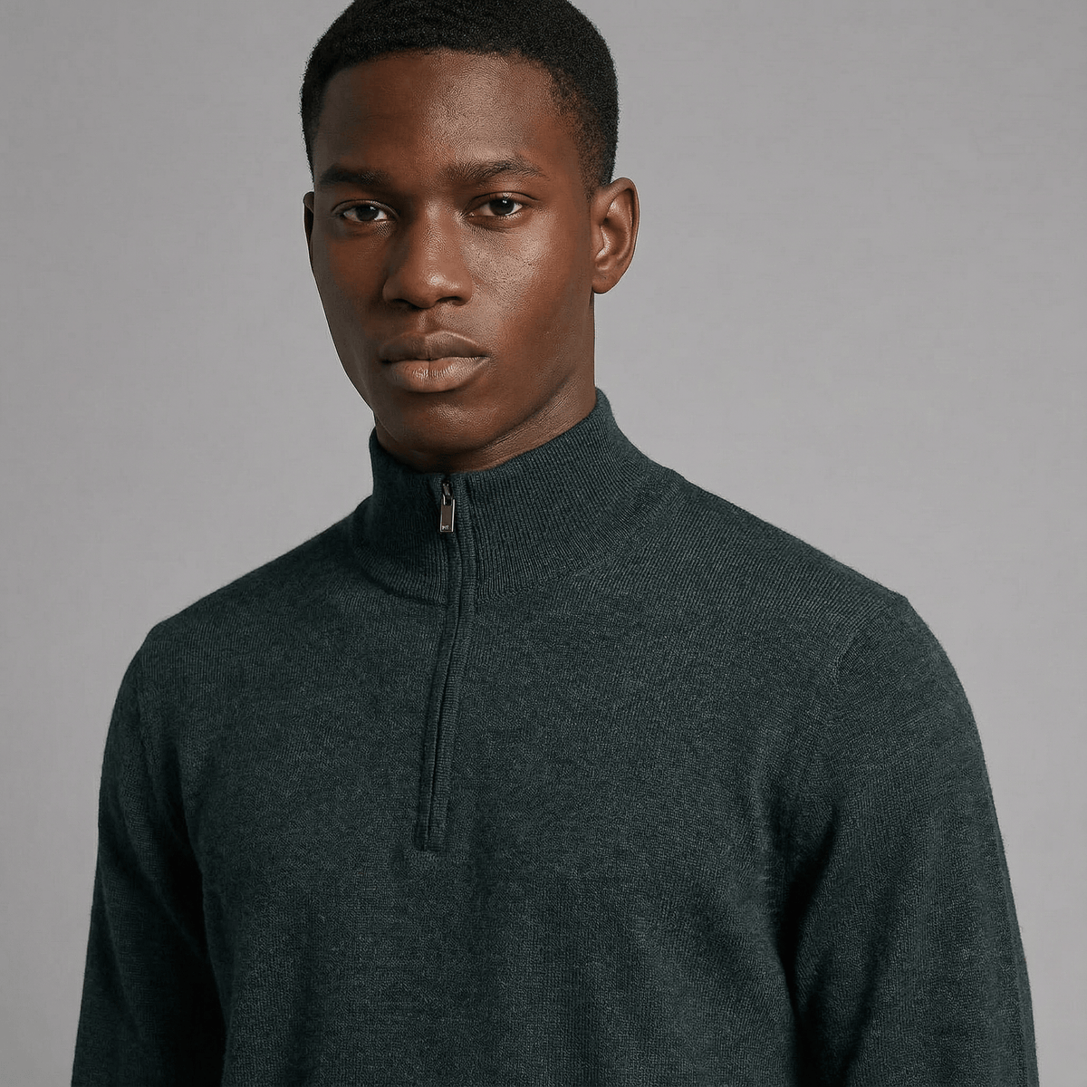 Merino Wool Quarter-Zip Sweater in charcoal merino wool, detail product view showing product details