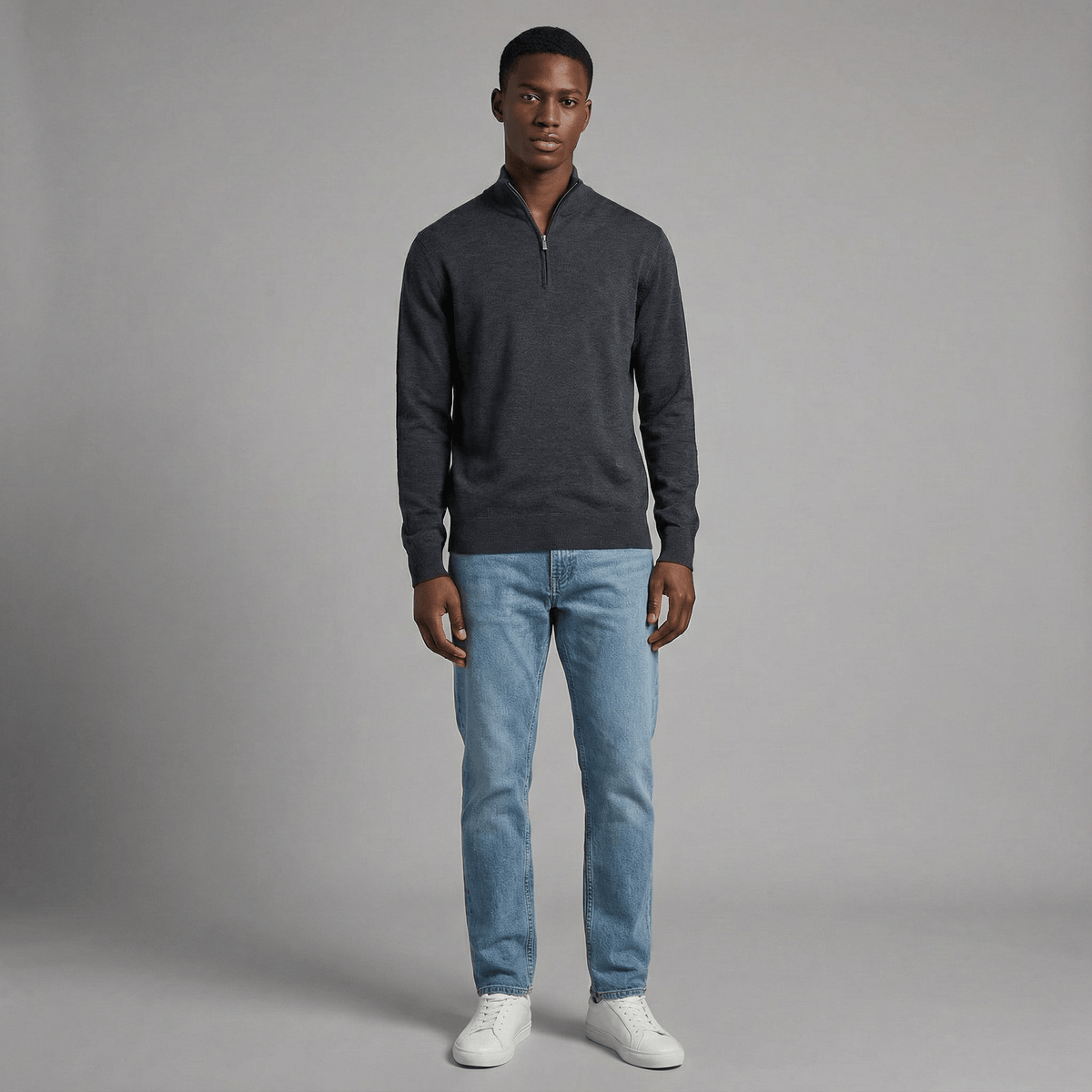 Merino Wool Quarter-Zip Sweater in charcoal merino wool, front product view showing product details