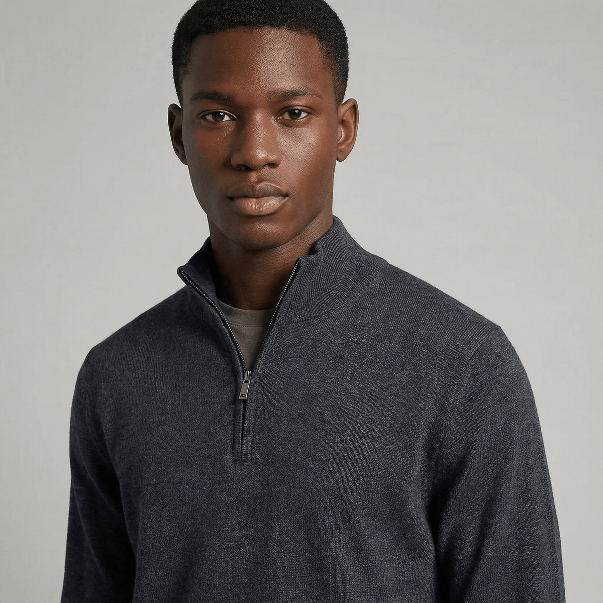 Merino Wool Quarter-Zip Sweater in charcoal merino wool, alternate product view showing product details