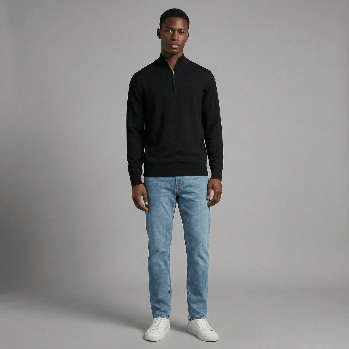 Merino Wool Quarter-Zip Sweater in black merino wool, detail product view showing product details