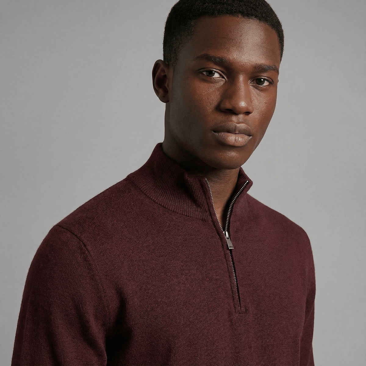 Merino Wool Quarter-Zip Sweater in burgundy merino wool, front product view showing product details