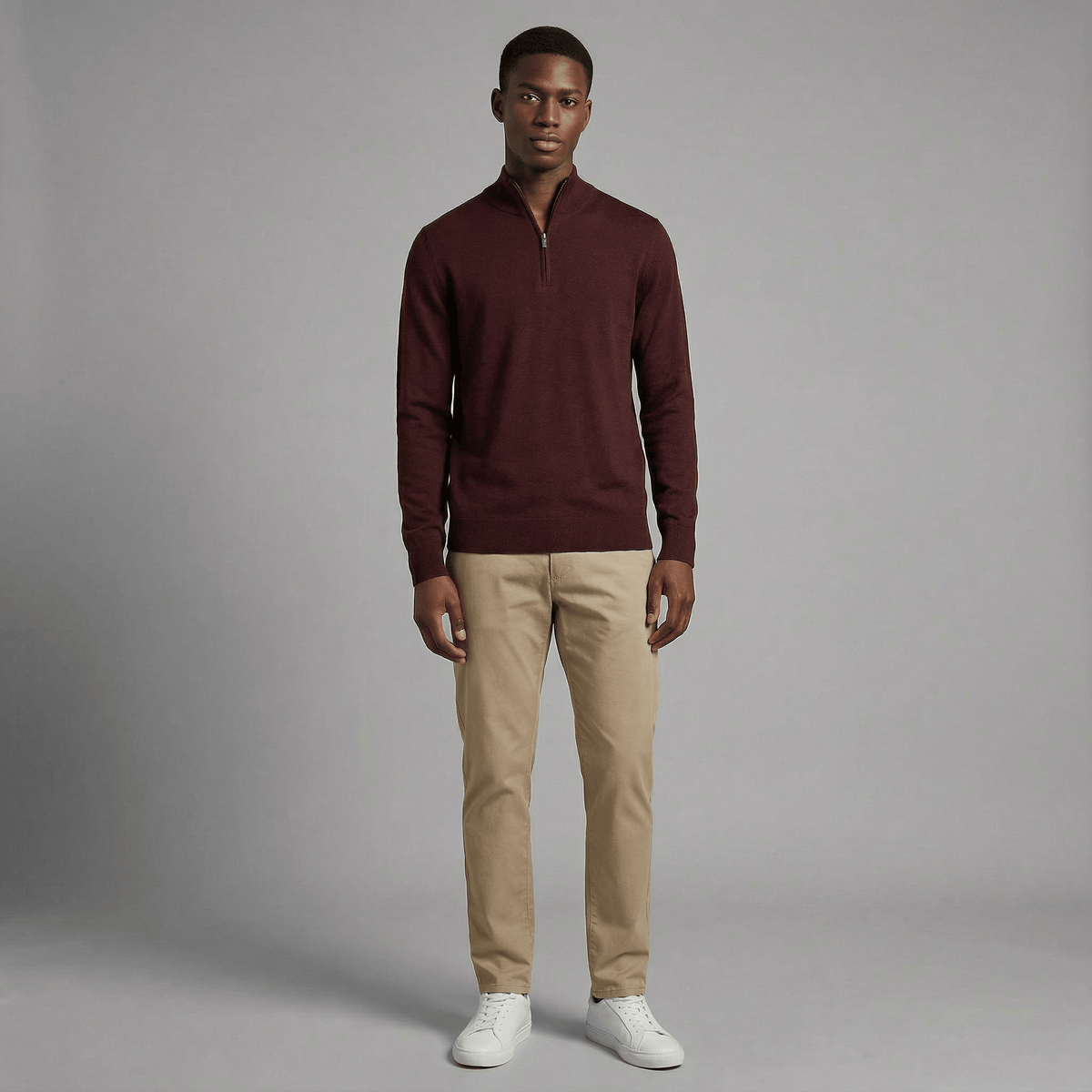 Merino Wool Quarter-Zip Sweater in burgundy merino wool, angled product view showing product details