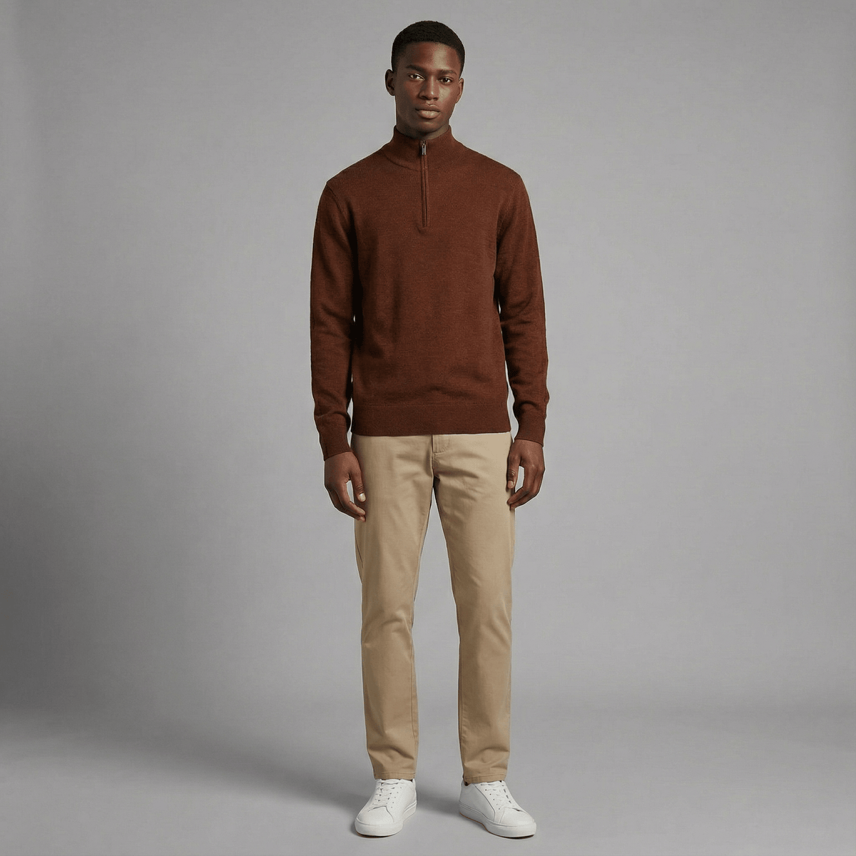 Merino Wool Quarter-Zip Sweater in rust merino wool, fit and styling view showing product details