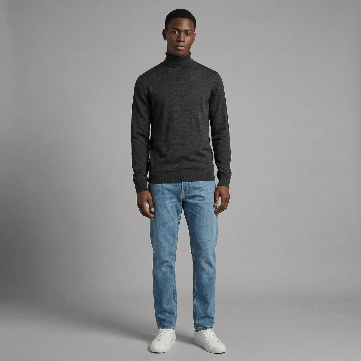 Merino Wool Sport Turtleneck in gray merino wool, alternate product view showing product details