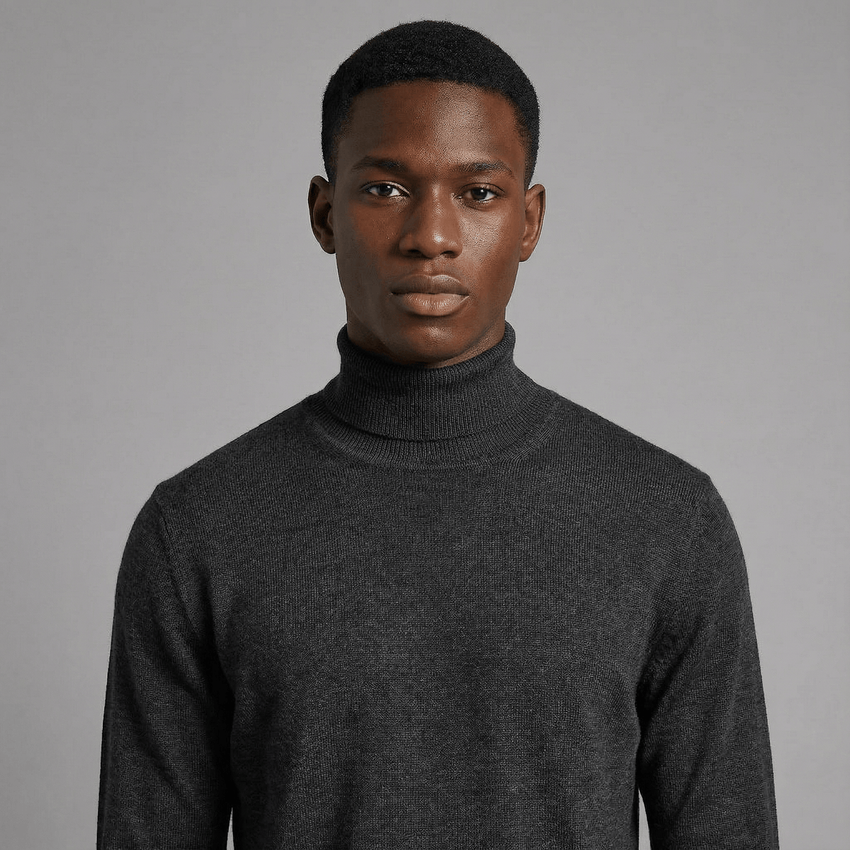 Merino Wool Sport Turtleneck in gray merino wool, front product view showing product details