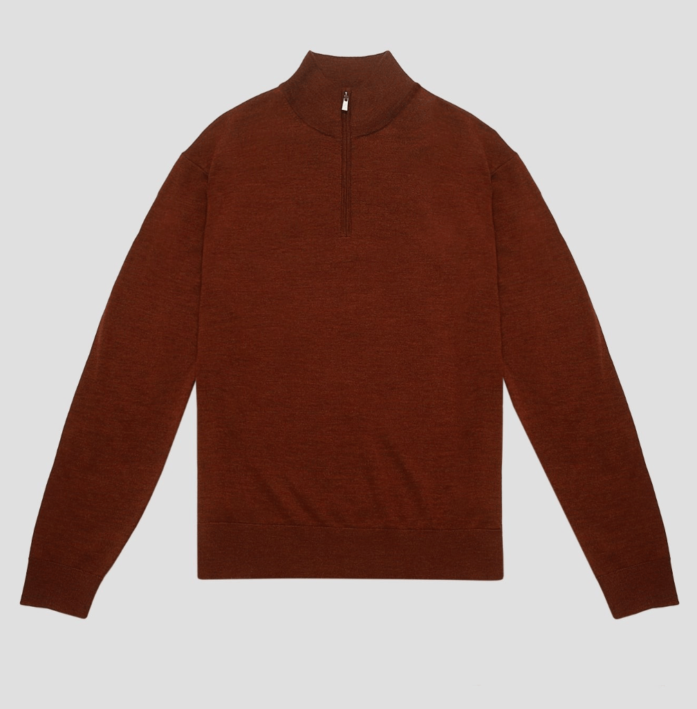 Merino Wool Quarter-Zip Sweater in rust merino wool, detail product view showing product details