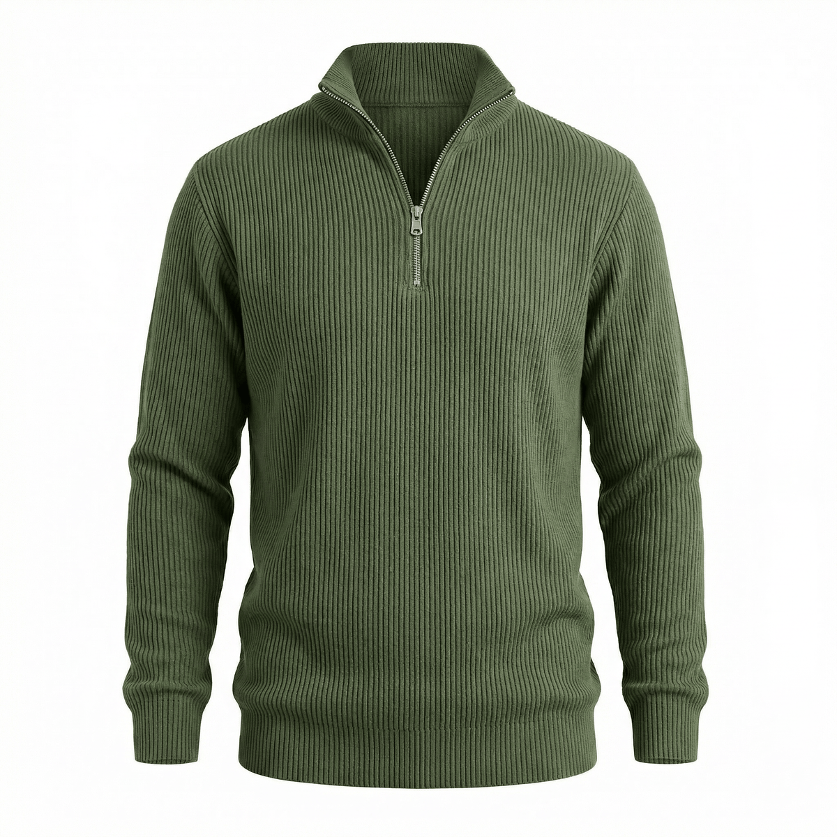 Green ribbed half-zip sweater