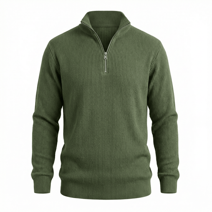 Green ribbed half-zip sweater