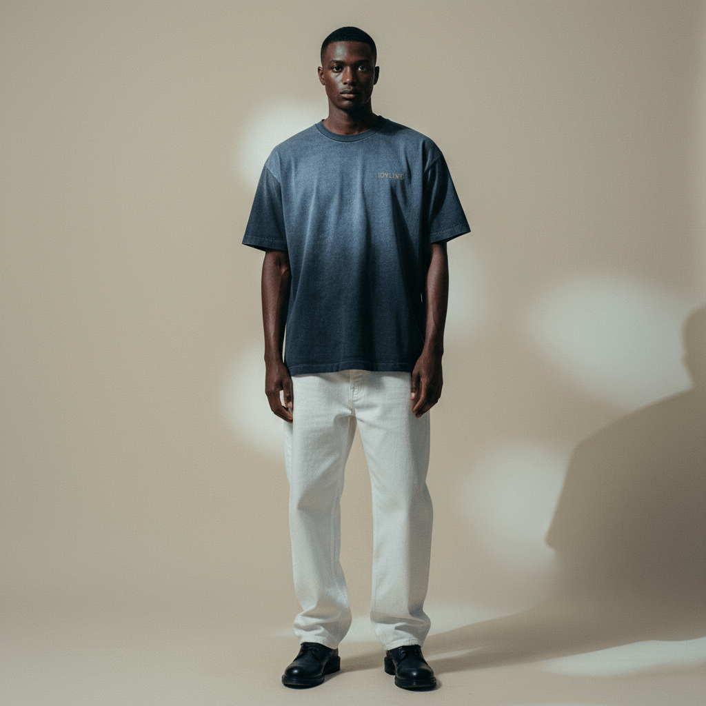 Model wearing the 101 IdyllVie Studio Tee styled with white pants, showcasing the relaxed fit and vintage look of this heavyweight cotton t-shirt.