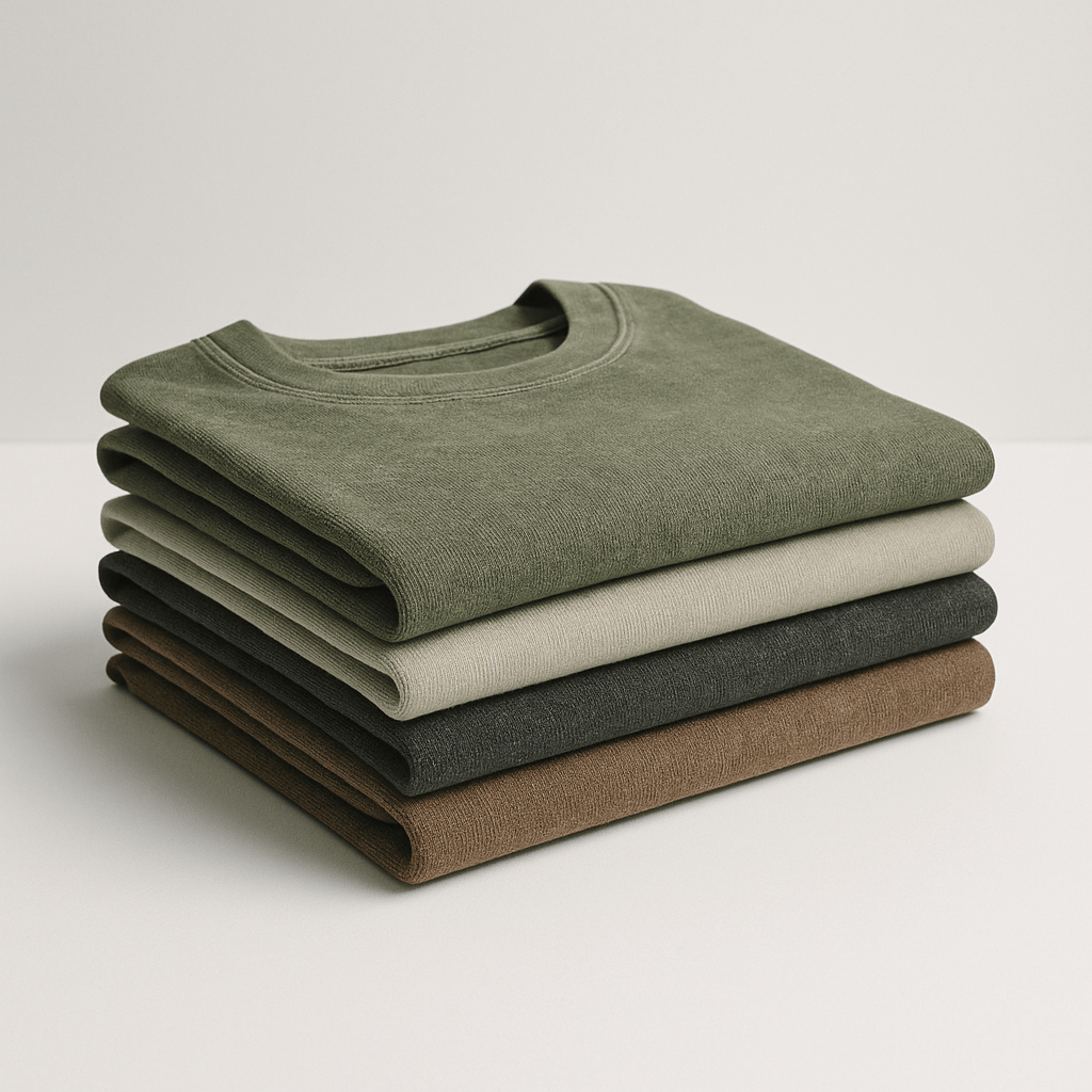 Men's Cotton Tees - 4 Pack Organic T-Shirt | Stonewashed in olive, beige, charcoal, and brown stacked neatly for display in apparel category.