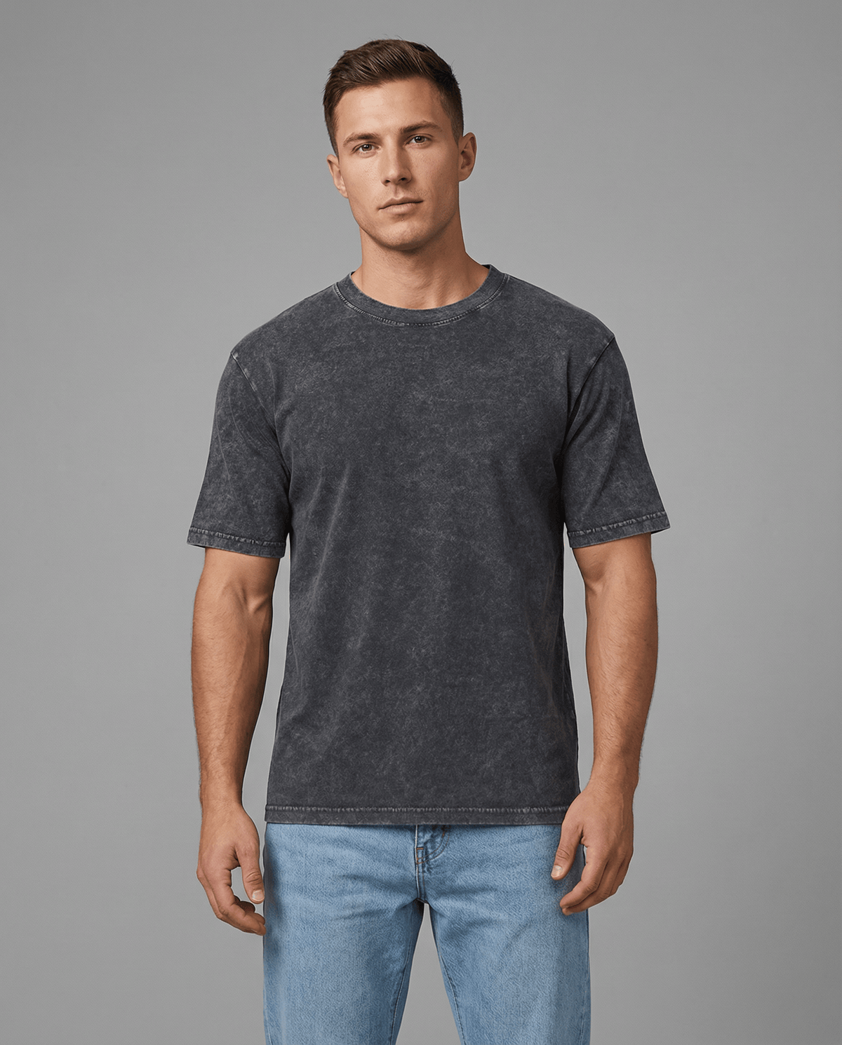Black acid wash cotton T-shirt for men, casual apparel