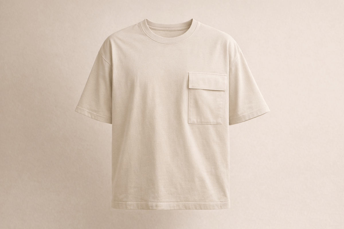 IdyllVie Beige Cotton Drop Shoulder T-Shirt in Beige t-shirt foundation studio front product with refined IdyllVie styling