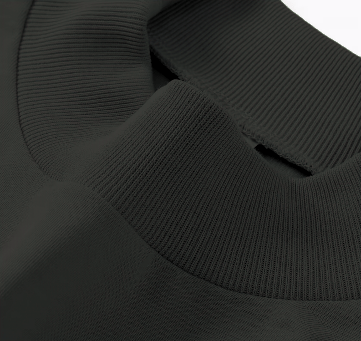Close-up of the ribbed mock neck collar on the Black Cotton T-Shirt, highlighting fine stitching and soft 100% cotton texture.