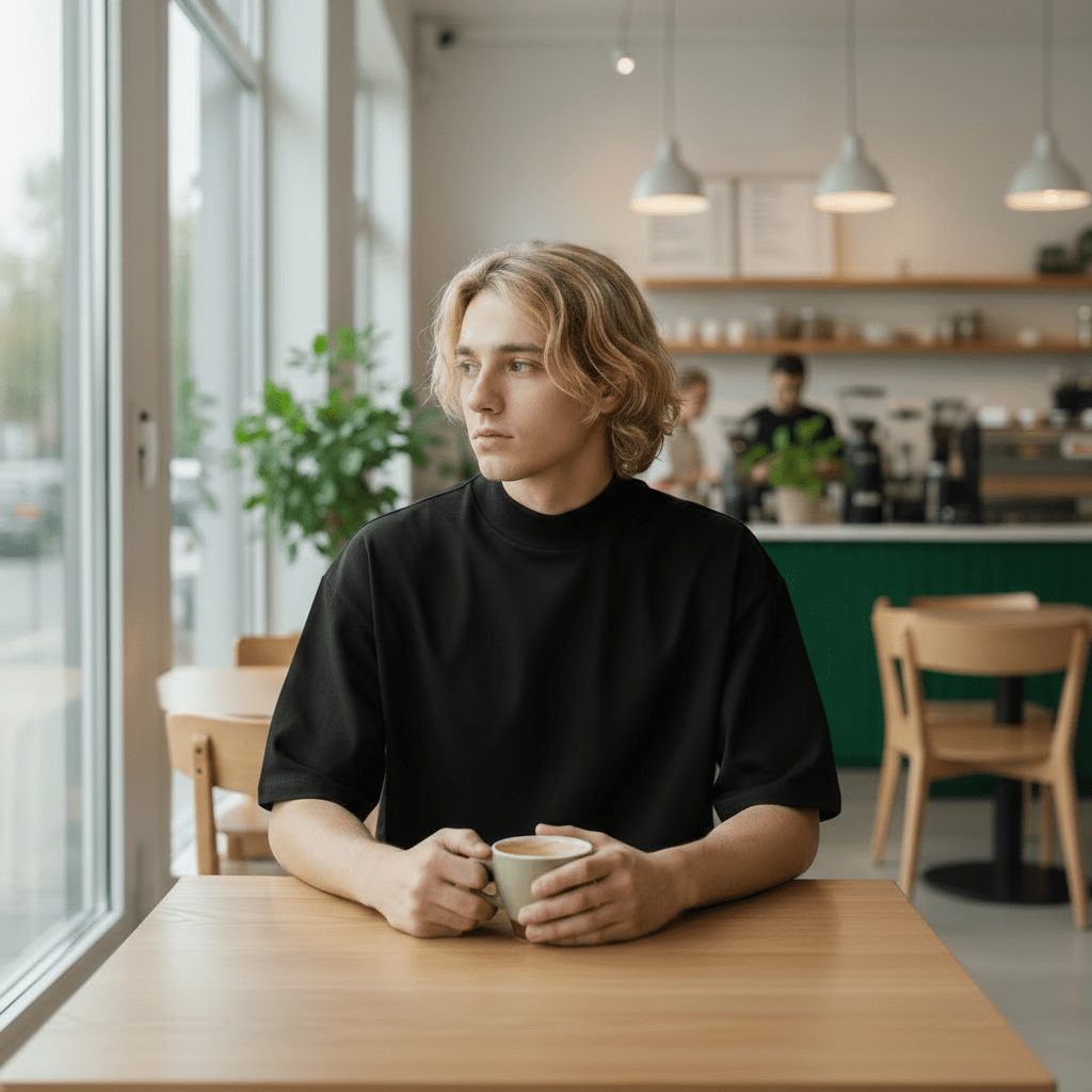 Casual cafe look featuring the Black Mock Neck Cotton T-Shirt, emphasizing comfort and style for relaxed everyday outfits.