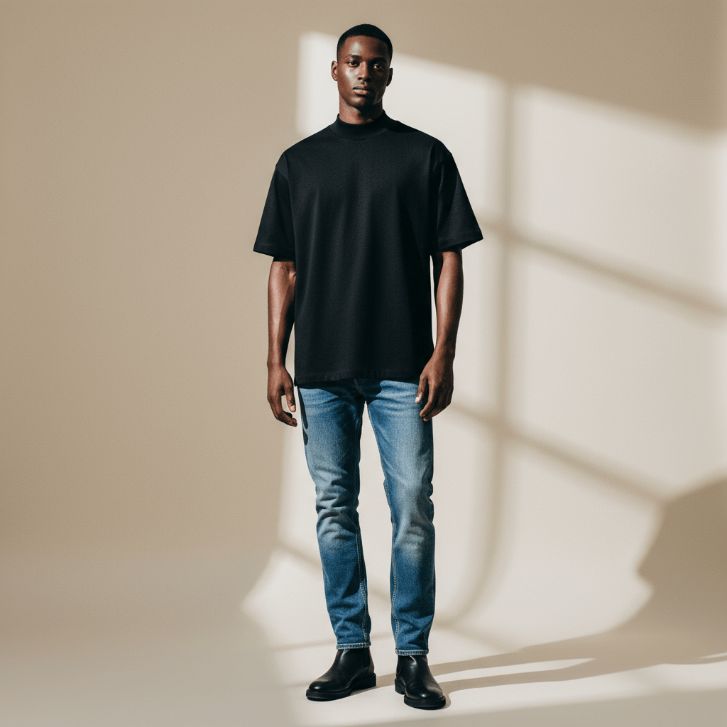 Black Mock Neck Cotton T-Shirt styled with slim jeans and boots, perfect for a modern, versatile men's fashion look.