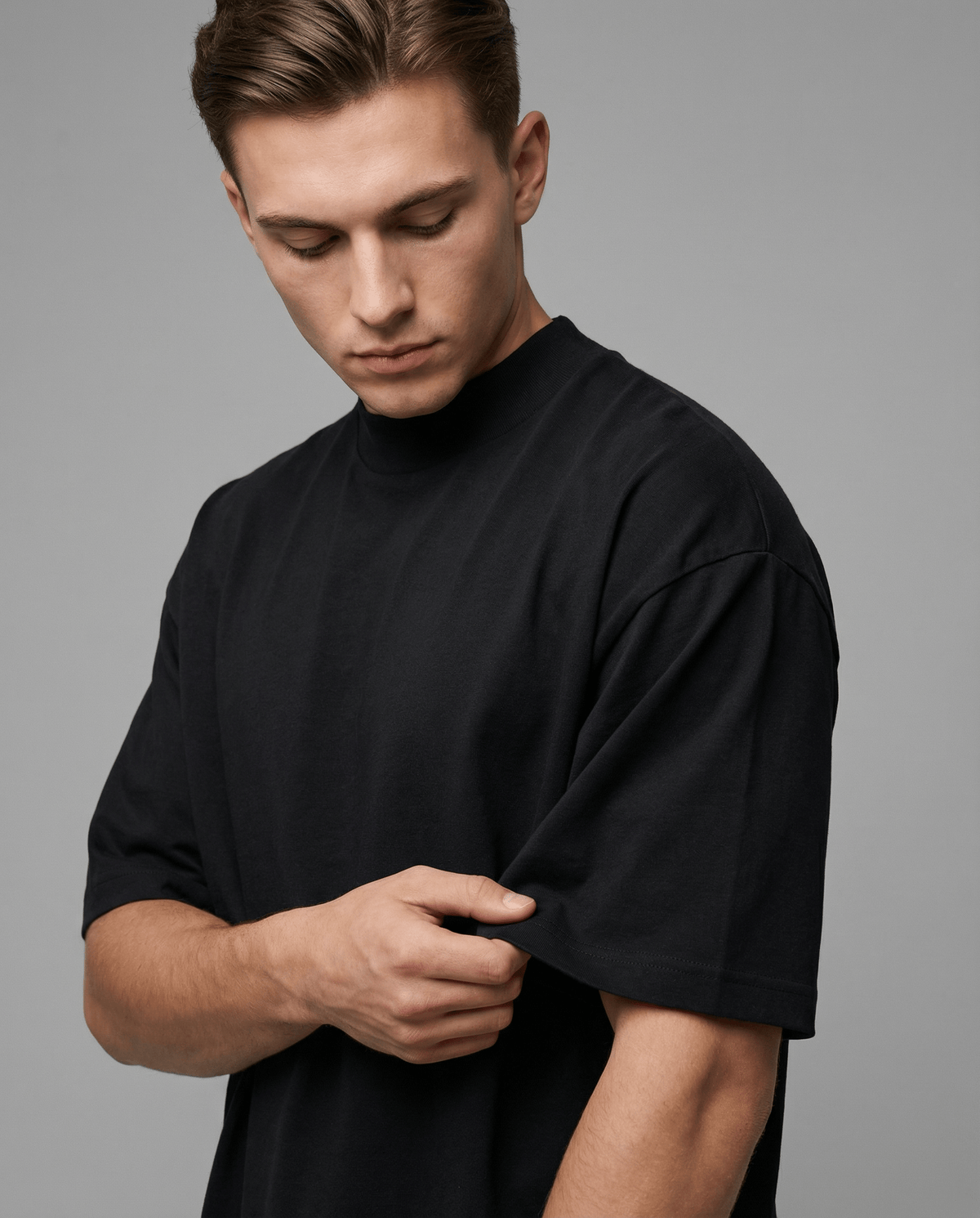 Black cotton mock neck t-shirt for men