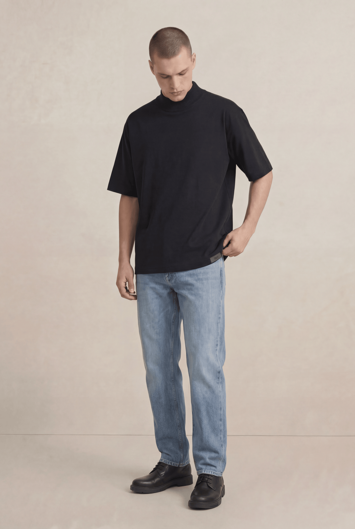 Black Mock Neck Cotton T-Shirt