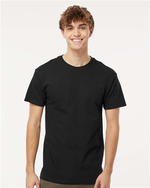 Model wearing Men's Cotton T-Shirt - Premium Comfort Style in black, front view. Classic fit tee made from soft, breathable cotton.