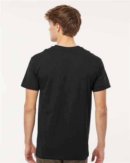 Back view of model in Men's Cotton T-Shirt - Premium Comfort Style in black. Eco-friendly 100% cotton shirt for everyday wear.