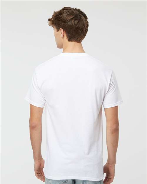Back view of model wearing Men's Cotton T-Shirt - Premium Comfort Style in white. USMCA certified 100% cotton for eco-conscious wear.