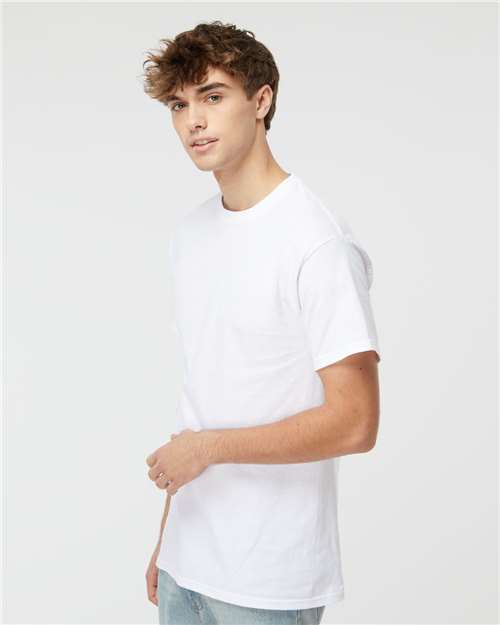Side view of model in Men's Cotton T-Shirt - Premium Comfort Style in white. Classic 100% cotton shirt for everyday comfort and style.