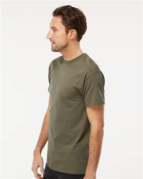 Side view of model in Men's Cotton T-Shirt - Premium Comfort Style in olive green. Lightweight cotton tee for casual and active wear.