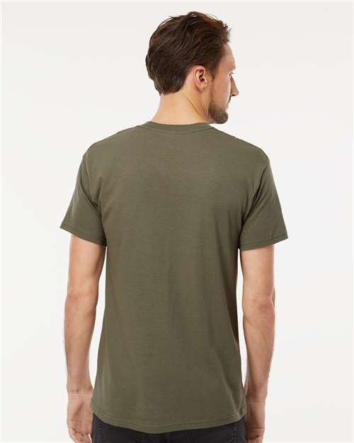 Back view of model in Men's Cotton T-Shirt - Premium Comfort Style in olive green. Durable 100% cotton shirt for versatile styling.