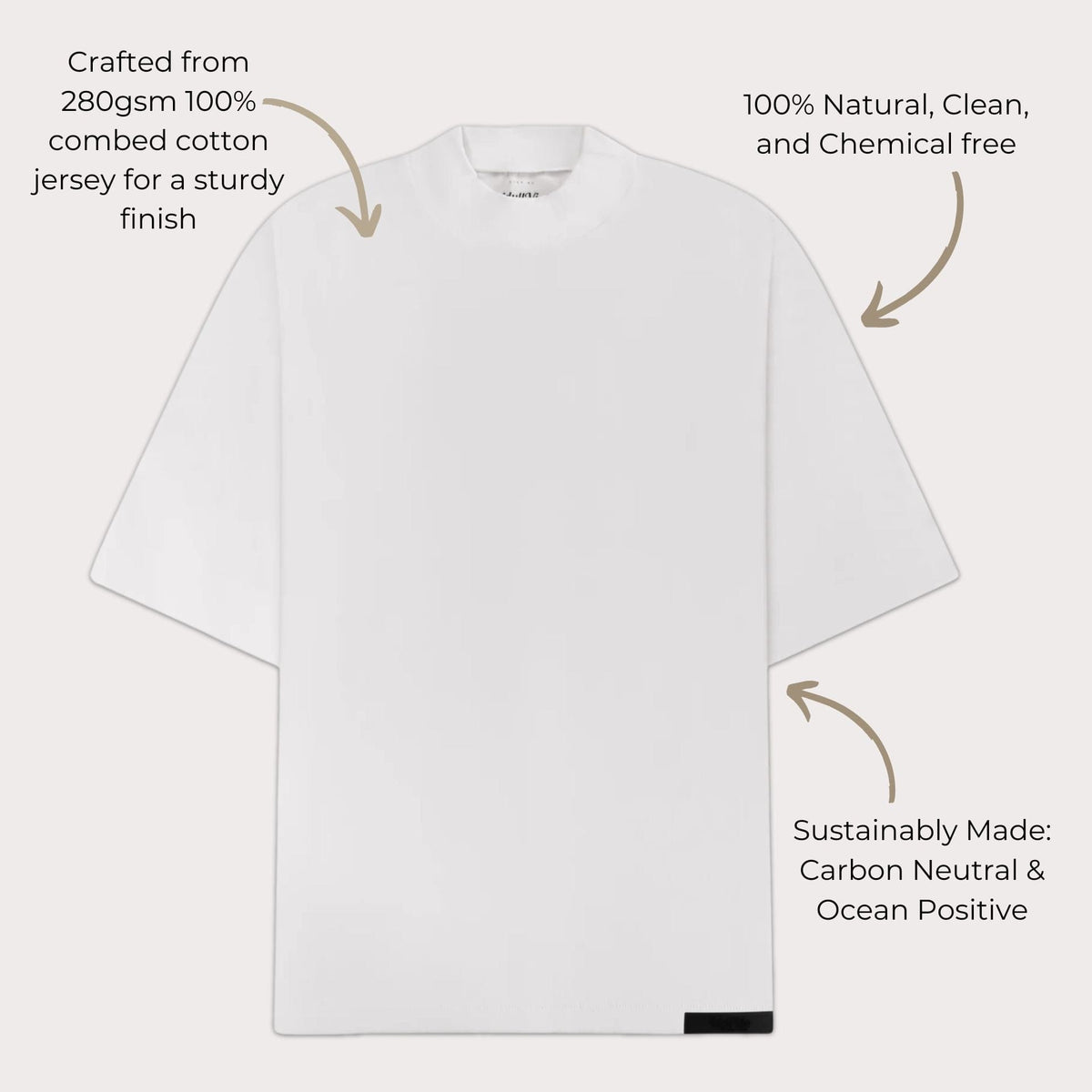 White cotton mock neck t-shirt with sustainable and eco-friendly features