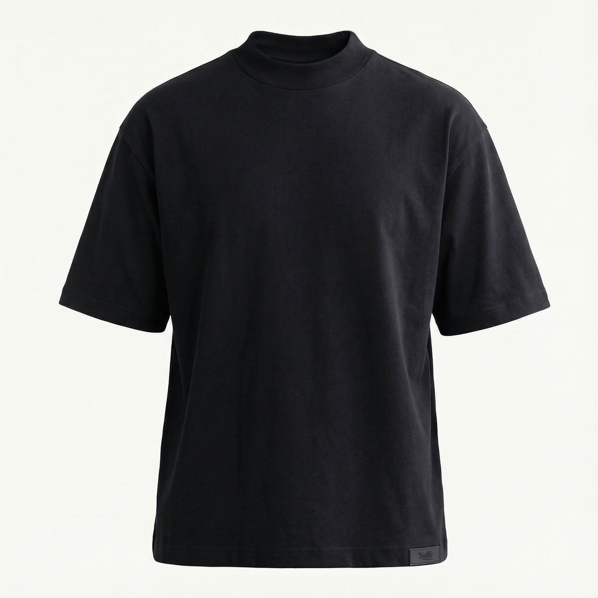 Black cotton mock neck T-shirt for casual wear
