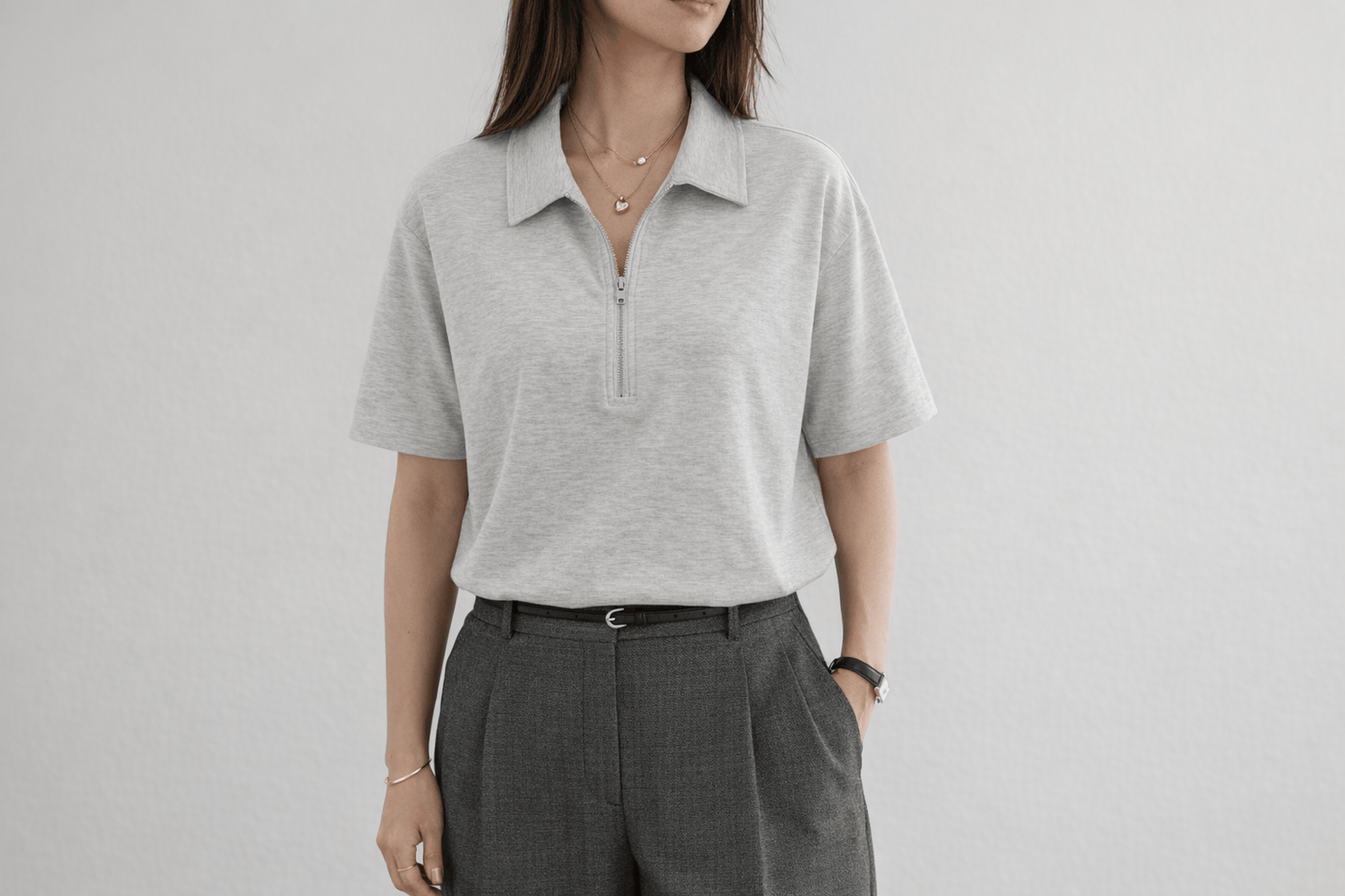 IdyllVie Grey Viscose Drop Shoulder T-Shirt in Grey t-shirt foundation on-model front angled with refined IdyllVie styling