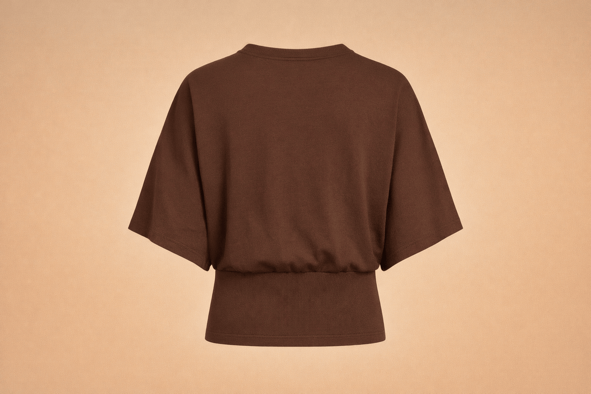 IdyllVie Relaxed Batwing Cotton Tee in Brown t-shirt foundation studio back product with refined IdyllVie styling