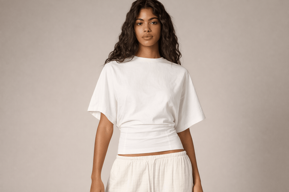 IdyllVie Relaxed Batwing Cotton Tee in White t-shirt foundation on-model front angled with refined IdyllVie styling