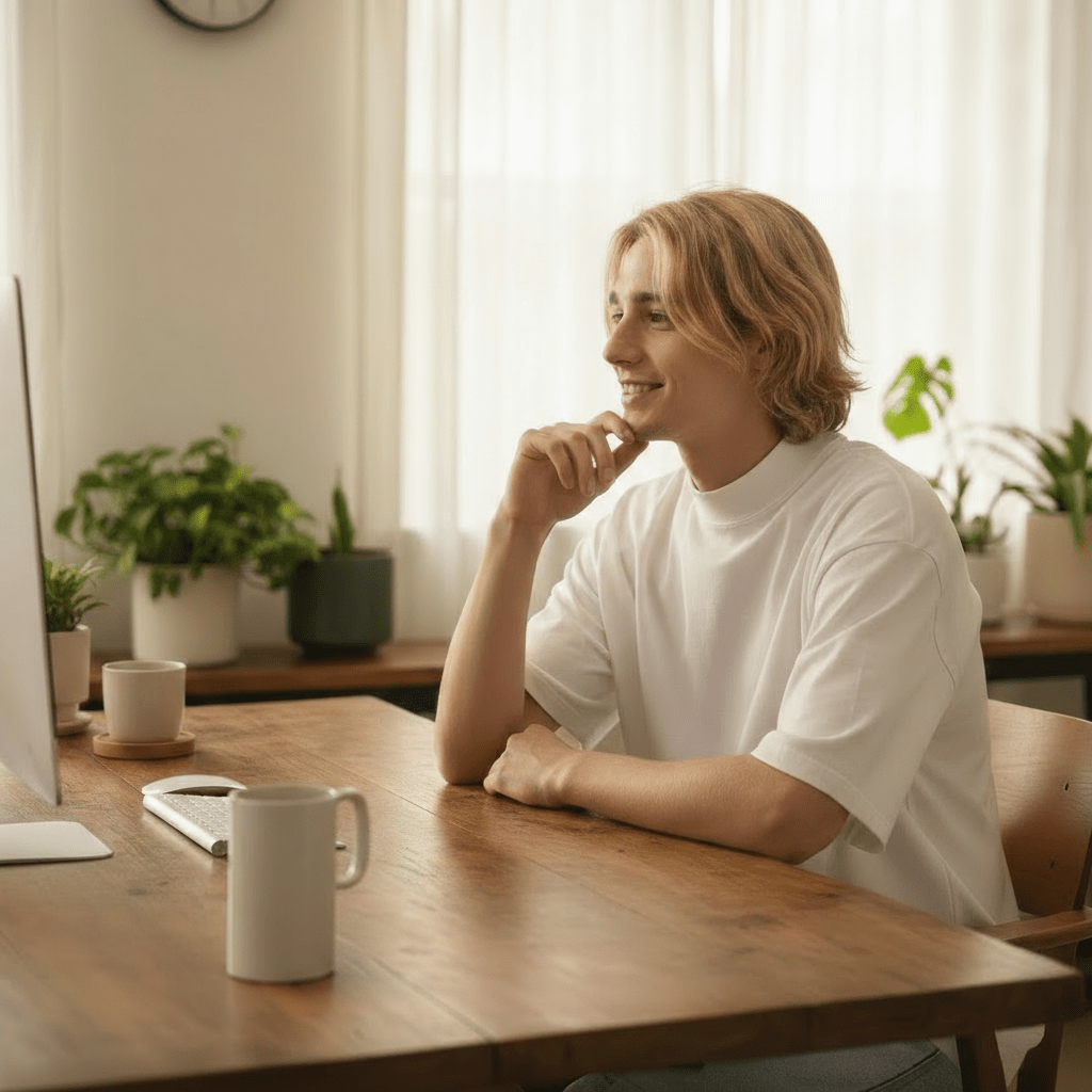 Man working from home in the White Mock Neck T-Shirt, combining comfort and style for a modern, minimalist wardrobe essential.