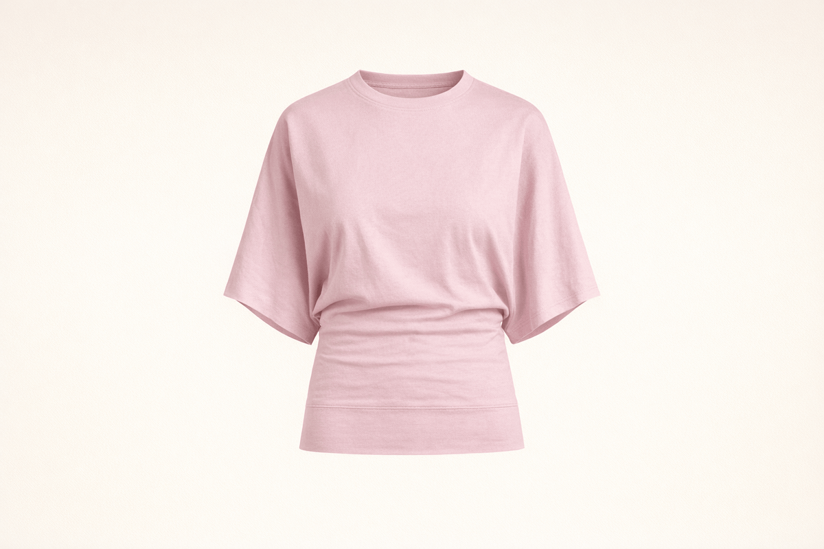 IdyllVie Relaxed Batwing Cotton Tee in Pink t-shirt foundation studio front product with refined IdyllVie styling