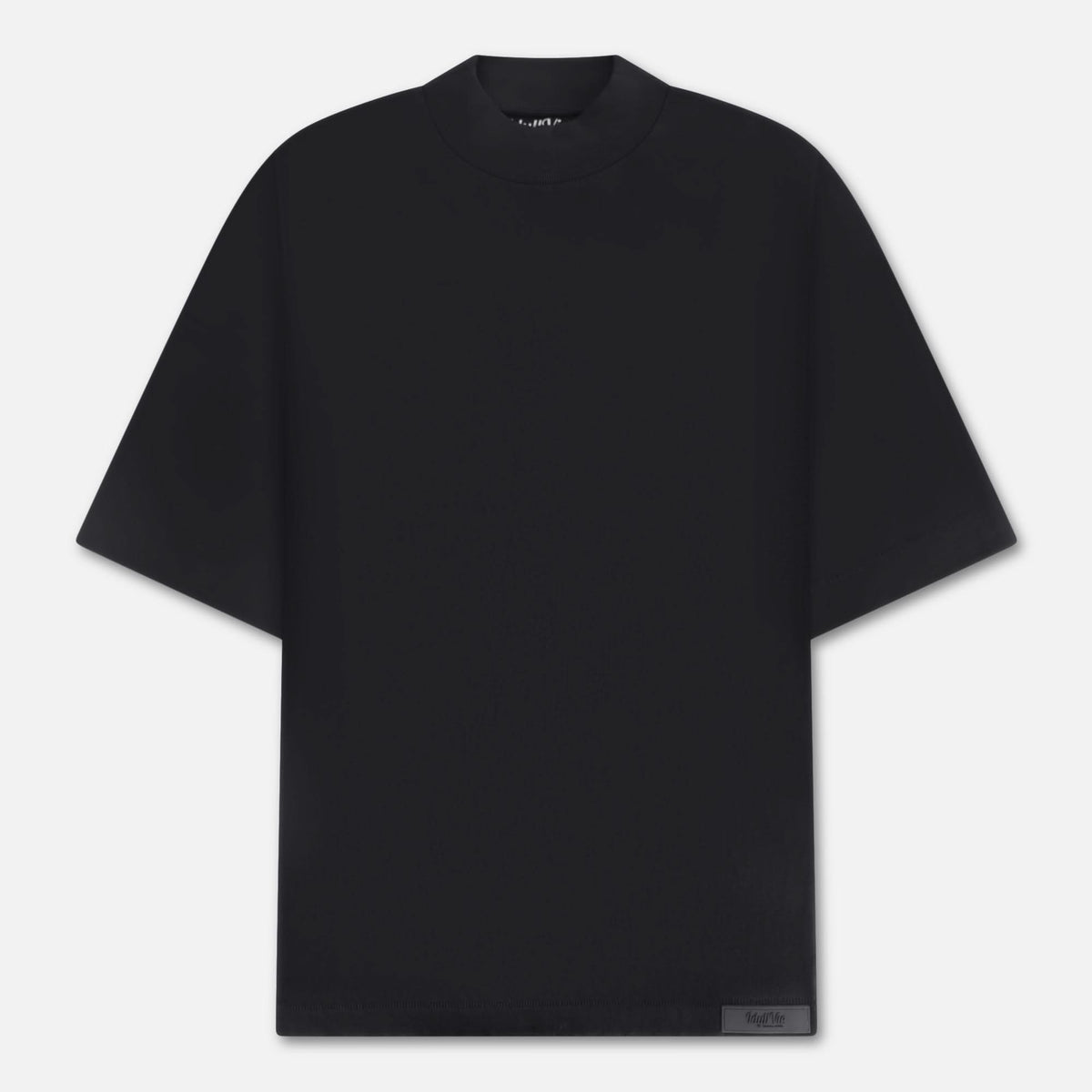 Front view of the Black Mock Neck Cotton T-Shirt showcasing its minimalist design and relaxed fit, ideal as a versatile base layer.