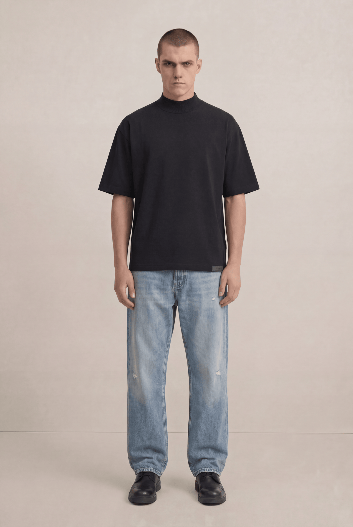 Black Mock Neck Cotton T-Shirt