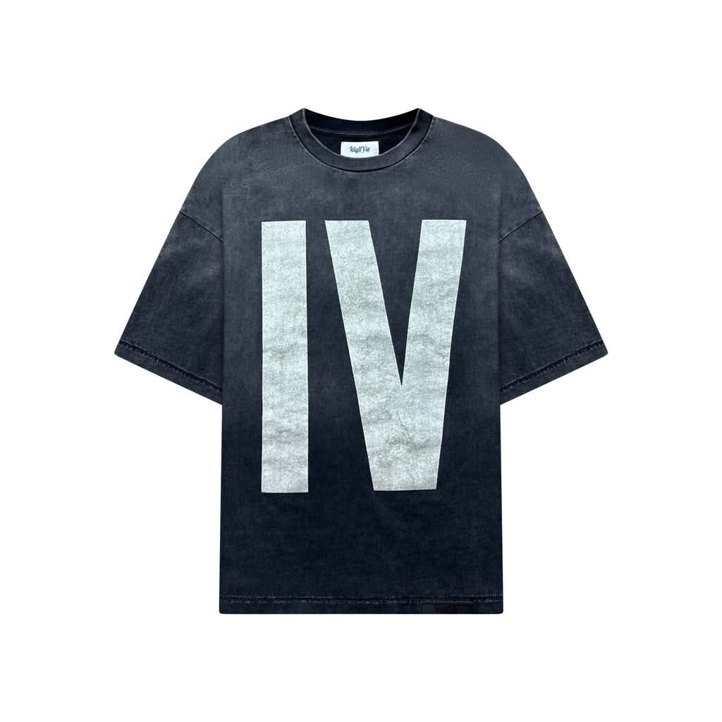 Front view of the Graphic Tee: ERP IdyllVie - Resilient Heavyweight Cotton Tshirt featuring bold 'IV' print on black 100% cotton fabric.