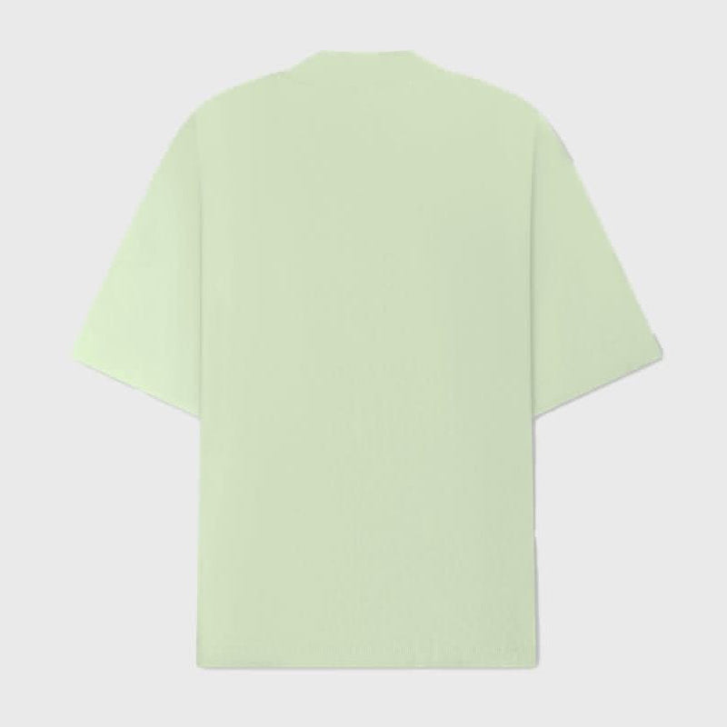 Back view of sage green cotton mock neck T-shirt showing clean design and soft fabric texture for everyday comfort.