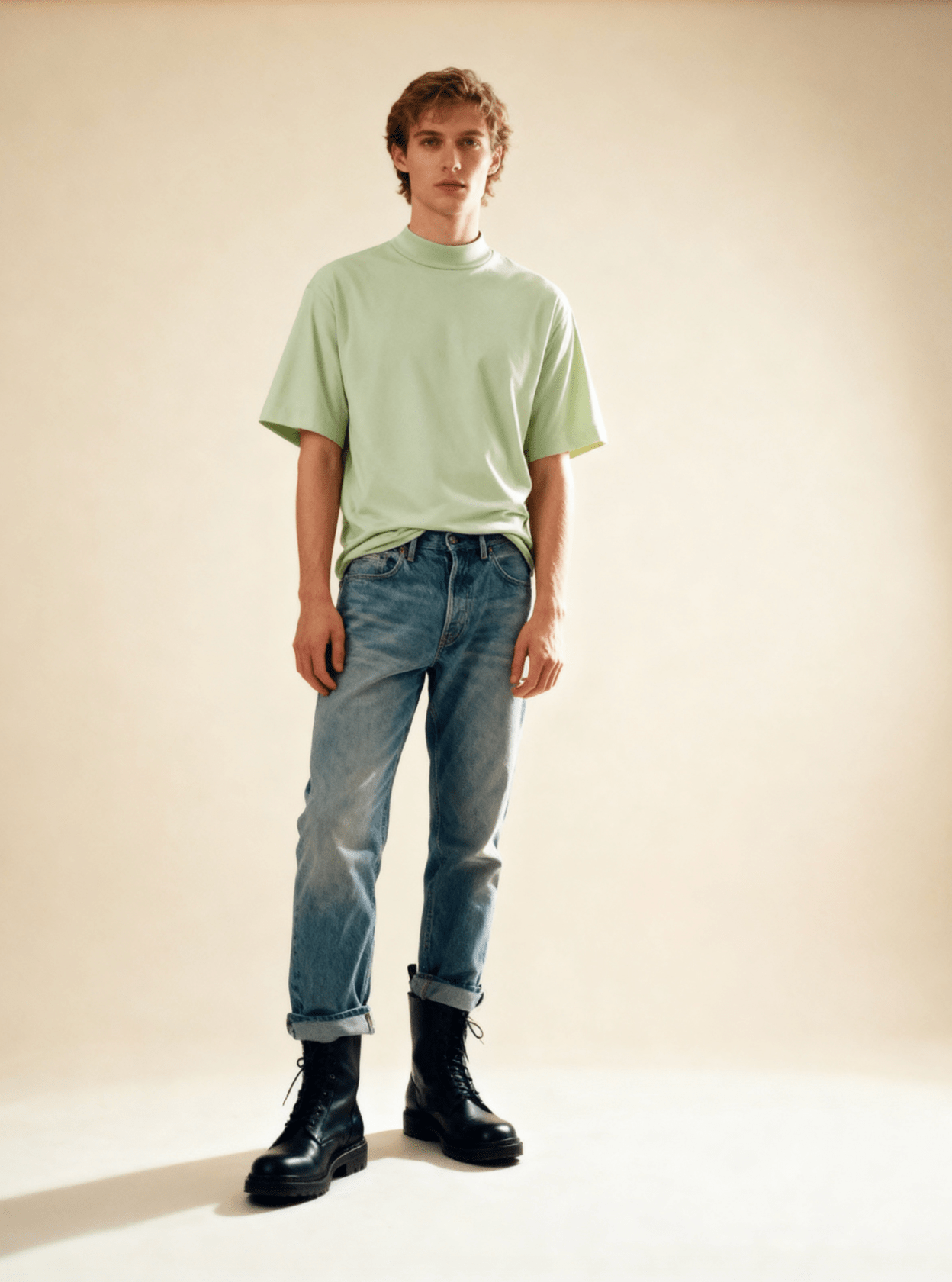 Model wearing sage green mock neck cotton T-shirt with jeans and boots, showcasing a casual yet stylish outfit for men.