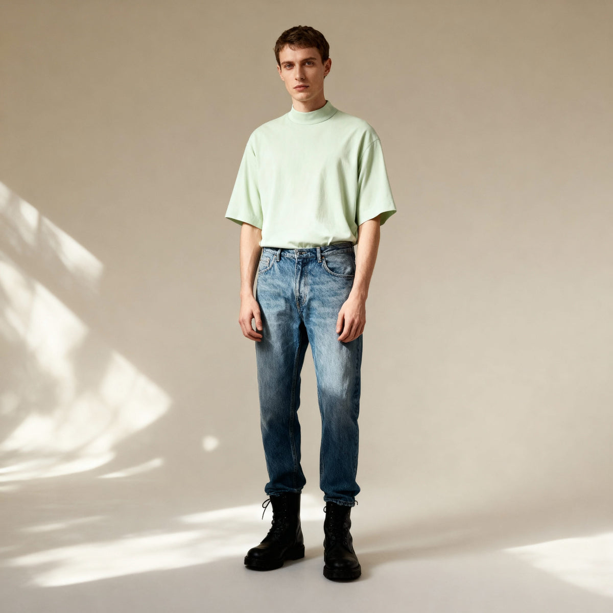 Man styled in green mock neck T-shirt and denim jeans, highlighting the shirt’s relaxed fit and modern cotton design.