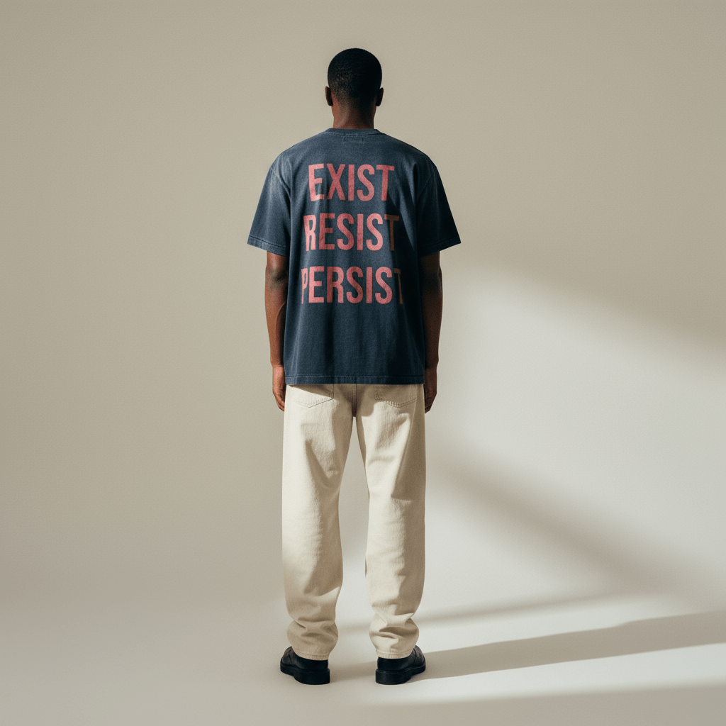 Model showcasing the back of the ERP IdyllVie heavyweight cotton tshirt with empowering red slogan 'EXIST RESIST PERSIST'.