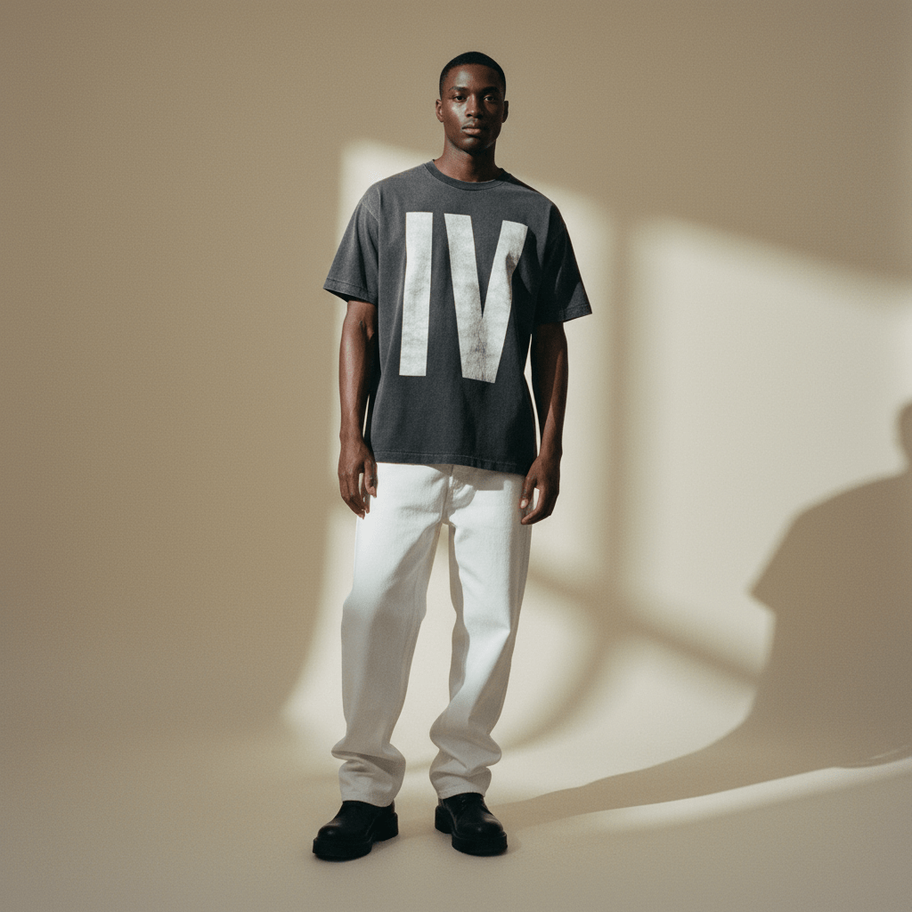 Model wearing the ERP IdyllVie graphic tee with large 'IV' print, styled with white pants for a bold streetwear look.