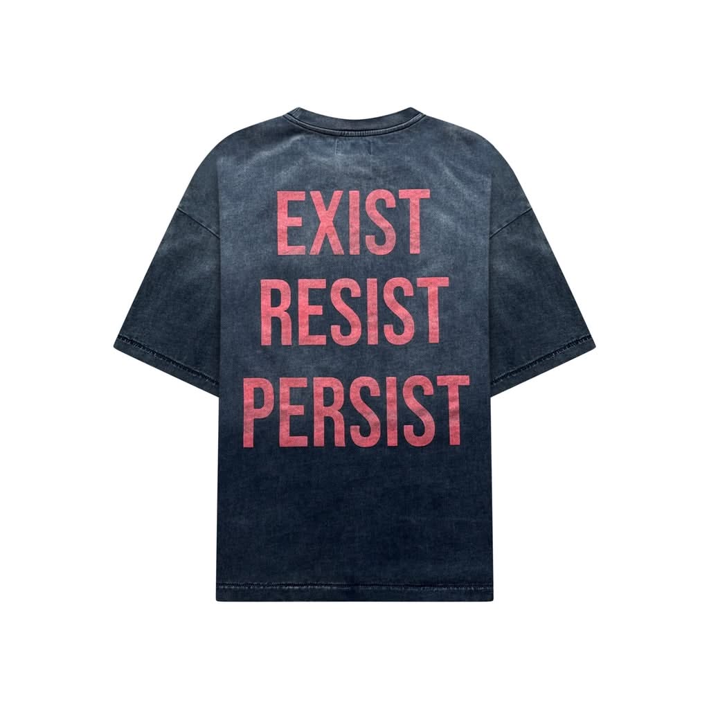 Back view of the ERP IdyllVie heavyweight graphic tee with red 'EXIST RESIST PERSIST' text, inspired by Civil Rights Movement themes.