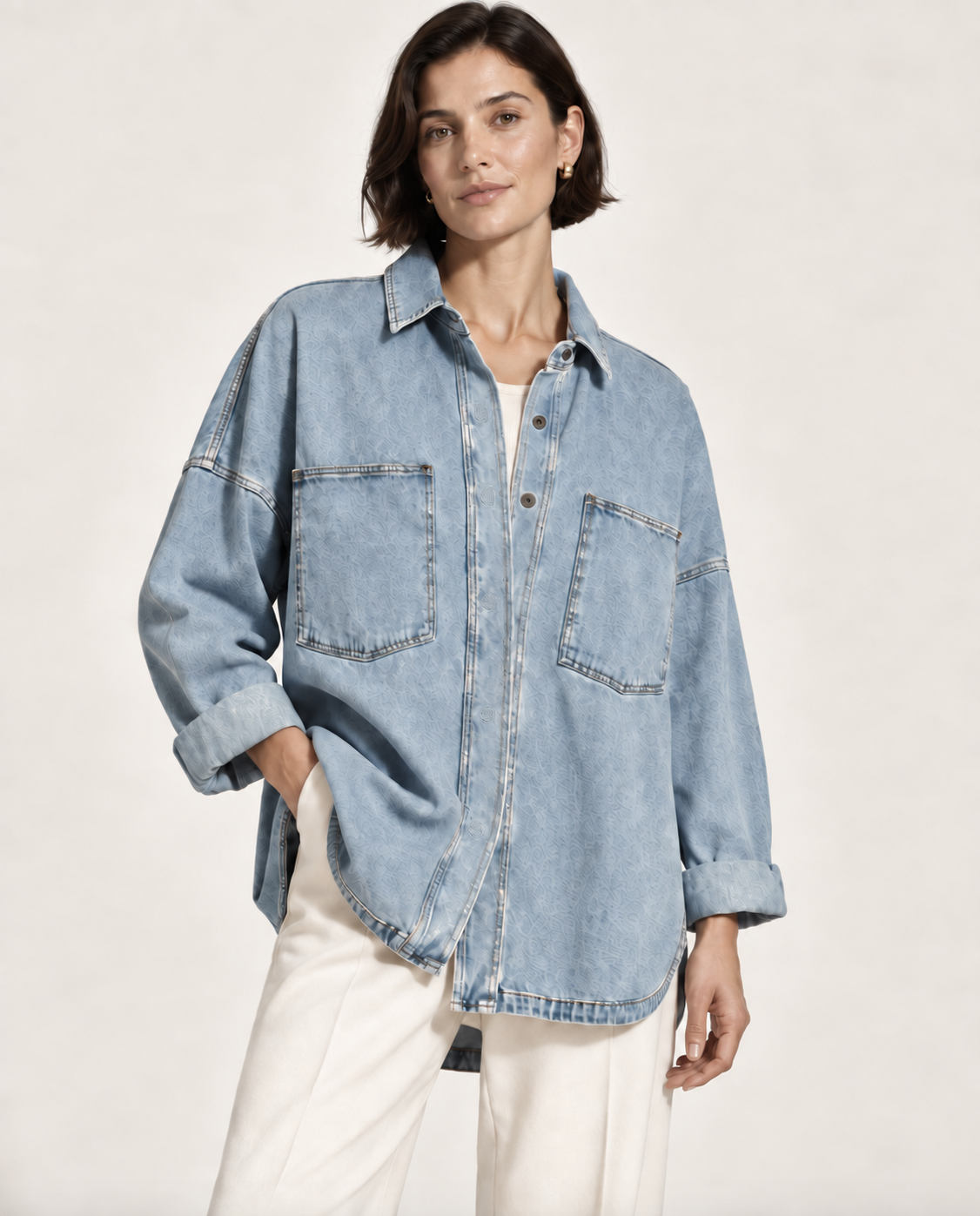 IdyllVie Washed Snap Button Denim Shacket