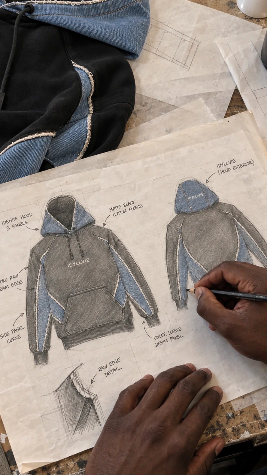 Hutton hoodie design sketches, denim samples and hands at the studio worktable.
