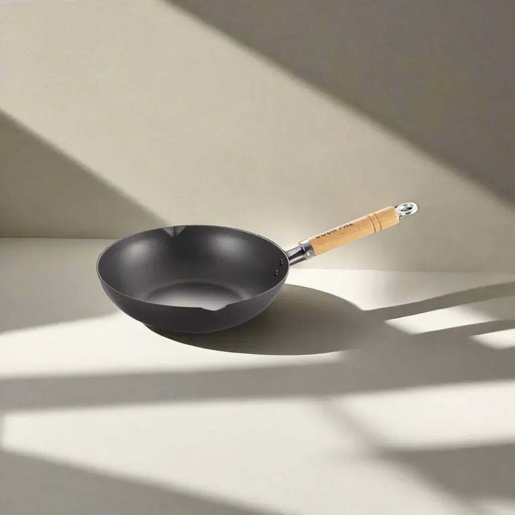 Yoshikawa Cook-Pal Ren Deep Frying Pan 24cm– Nitrided Carbon Steel, Made in Japan in wood, alternate product view showing product details