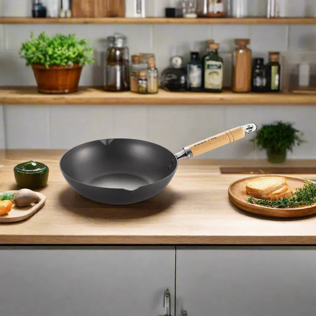 Yoshikawa Cook-Pal Ren Deep Frying Pan 28cm– Nitrided Carbon Steel, Made in Japan in wood, fit and styling view showing product details