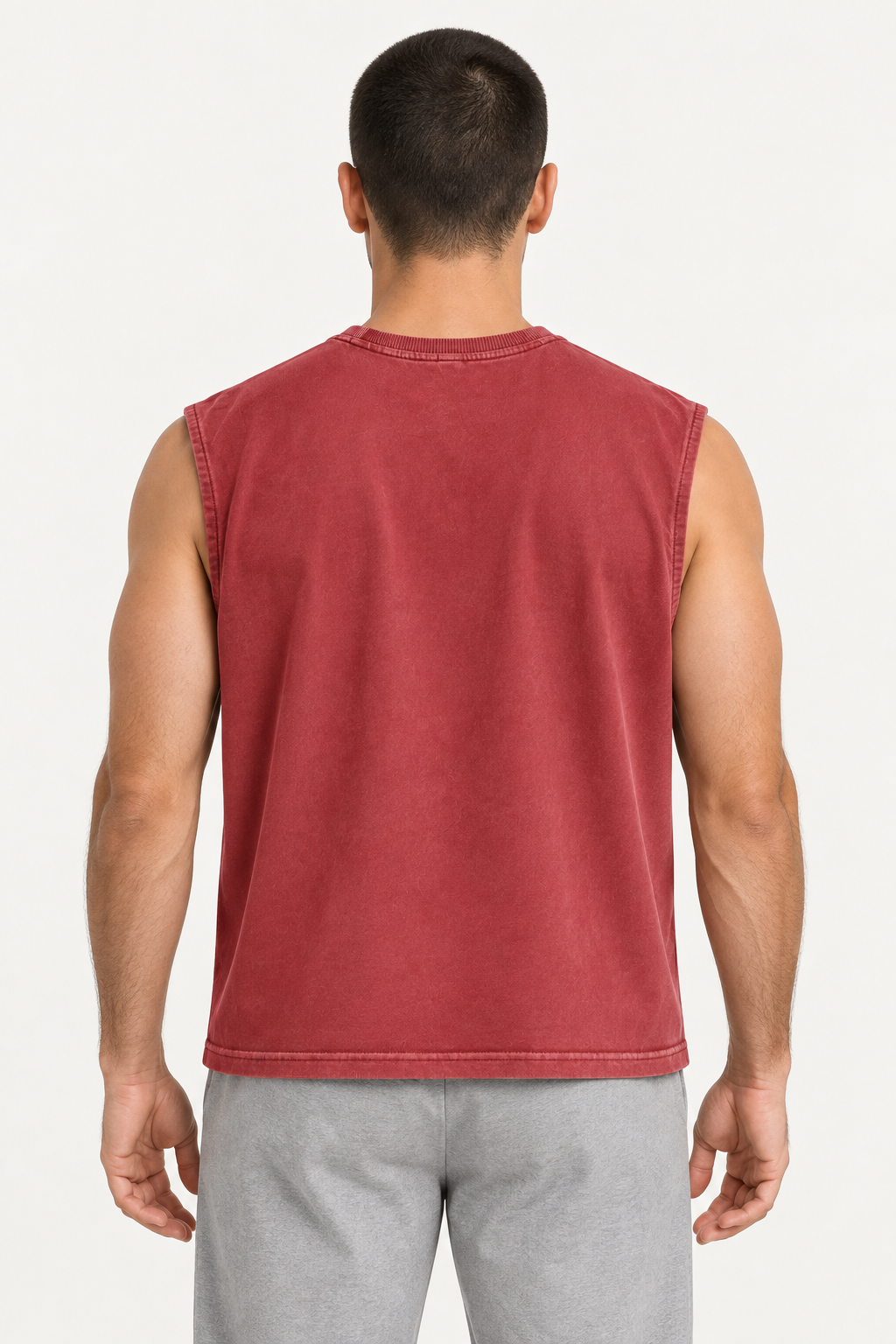 brick red wide-shoulder crew-neck tank shown from the back on a model
